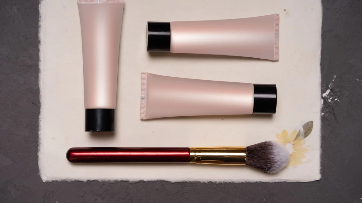 Beauty composition featuring cosmetic tubes and a makeup brush on a textured background.