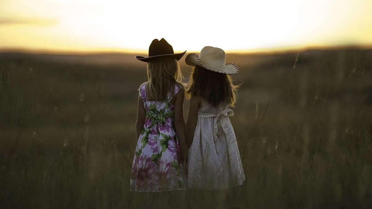 sisters, summer, children, girls, childhood, siblings, holding hands, hats, dusk, outdoors, nature, fields, rural, countryside, dresses